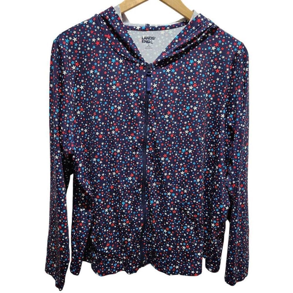 Lands End full zip hoodie wind breaker red white blue star print 1X